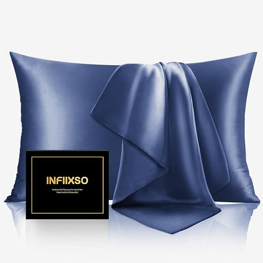 INFIIXSO Mulberry Silk Pillow Cases King Size Set of 2, Silk Pillowcase with Hidden Zipper 20"x36", Extraordinary Smooth and Soft Pillow Case for Hair and Skin(Navy, 2 Pack) - Bloomnest