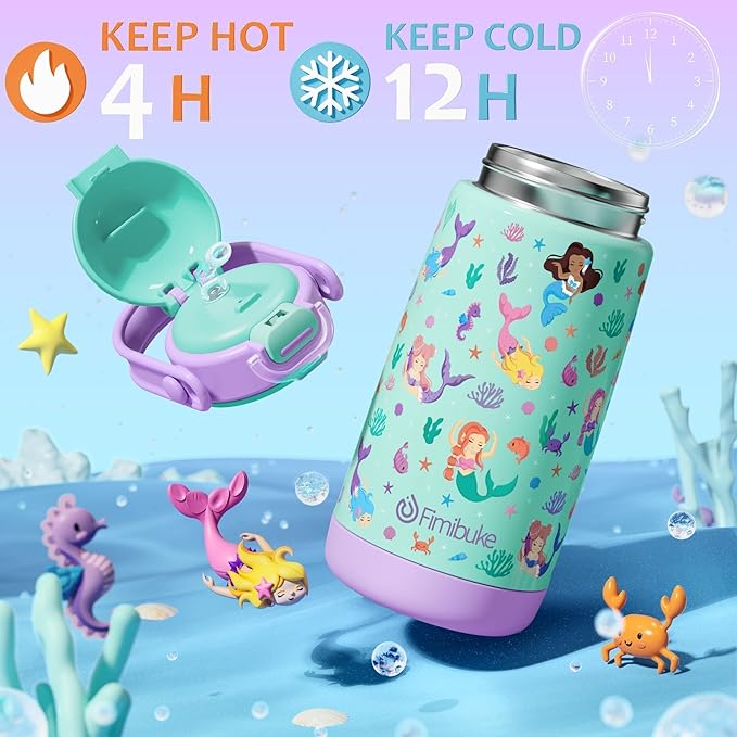 Fimibuke Kids Insulated Water Bottle with Straw Lid & Handle - 14oz BPA FREE 18/8 Stainless Steel Metal Tumbler Leak Proof Double Wall Vacuum Kids Cup Toddler Water Bottle for School Boys Girls - Bloomnest