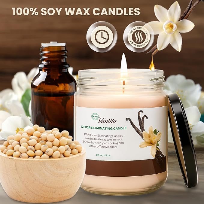 Candle Set Vanilla Odor Eliminating – 2 Pack - 12oz – Long-Lasting Soy Wax Candles – Neutralizes Pet, Kitchen & Smoke Odors – Clean Burn, Eco-Friendly, Aromatherapy Candle - Bloomnest