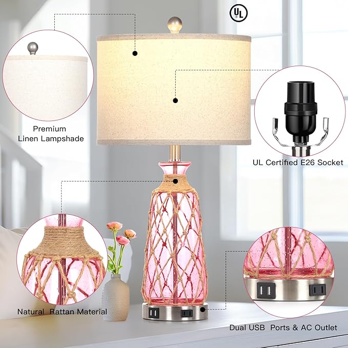 25.5" Coastal Glass Table Lamps Set of 2, 3-Way Dimmable Touch Control Bedside Lamps with 2 USB Ports and AC Outlet, Pink Nautical Nightstand Lamps for Bedroom Living Room (LED Bulbs Included) - Bloomnest