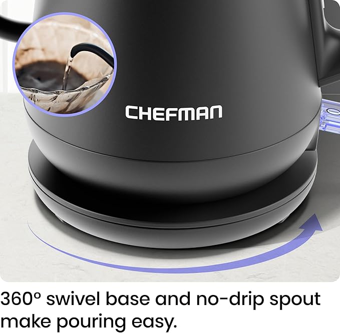 Chefman Gooseneck Electric Kettle, 0.8L Pour Over Tea Kettle for Coffee and Tea, One-Touch Operation, Boil-Dry Protection, Auto Shut-Off, Ultra-Fast Hot Water Boiler – Black - Bloomnest