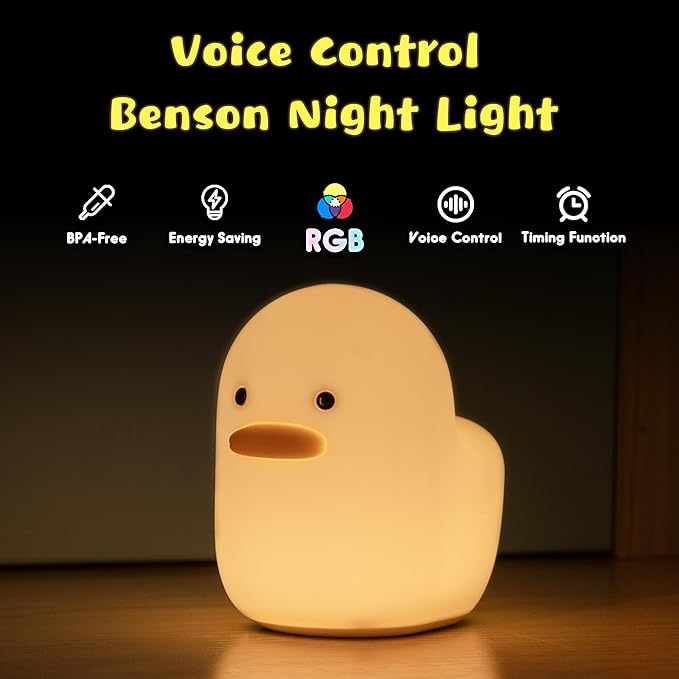 UNEEDE Voice Control LED Benson Night Light, Cute Duck Animal Silicone Nursery Night Light Rechargeable Table Lamp Bedside Lamp with Touch Sensor for Baby Girls Women Bedrooms, Living Room - Bloomnest