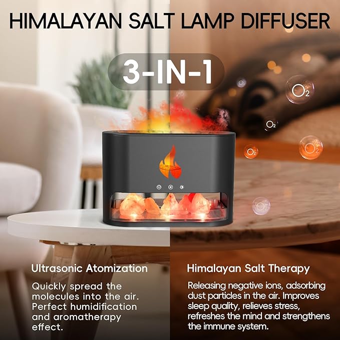 Essential Oil Diffuser, Fireplace Flame Fire Oil Diffuser, 250ml Himalayan Salt Lamp Diffuser, Cool Mist Aromatherapy Humidifier with 7 Colors Light, Timer & Auto-Off for Home, Room (Black) - Bloomnest