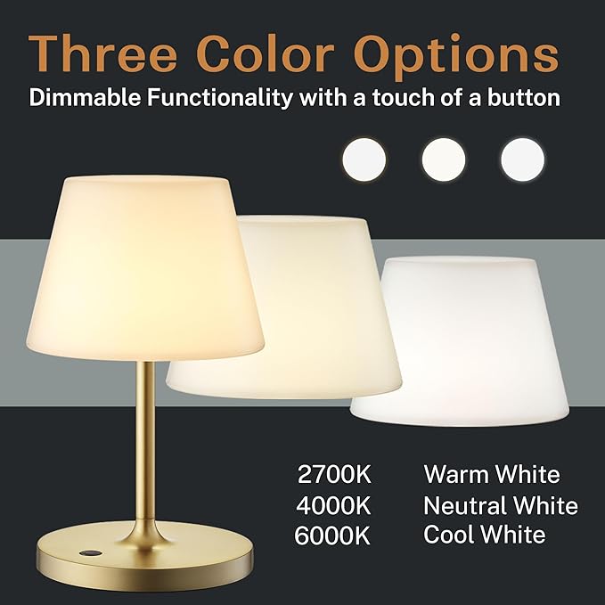 Cordless Lamp, 5000mAh Battery Operated Rechargeable Table Lamp with Power Bank, Touch Dimmable 3 Color Temperatures, IP44 Waterproof Shower Lamp for Kitchen, Bathroom, Indoor Or Outdoor Use 9.6in - Bloomnest