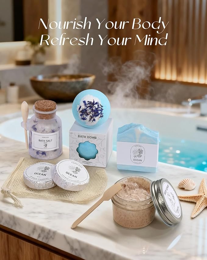 Coralogo Ocean Spa Gifts for Women - 11pc Self-care Spa Gift Basket with Scented Candle, Bath Salt, Greeting Card - Thinking of You Basket for Her Birthday, Christmas, Mother's Day, Valentine's Day - Bloomnest