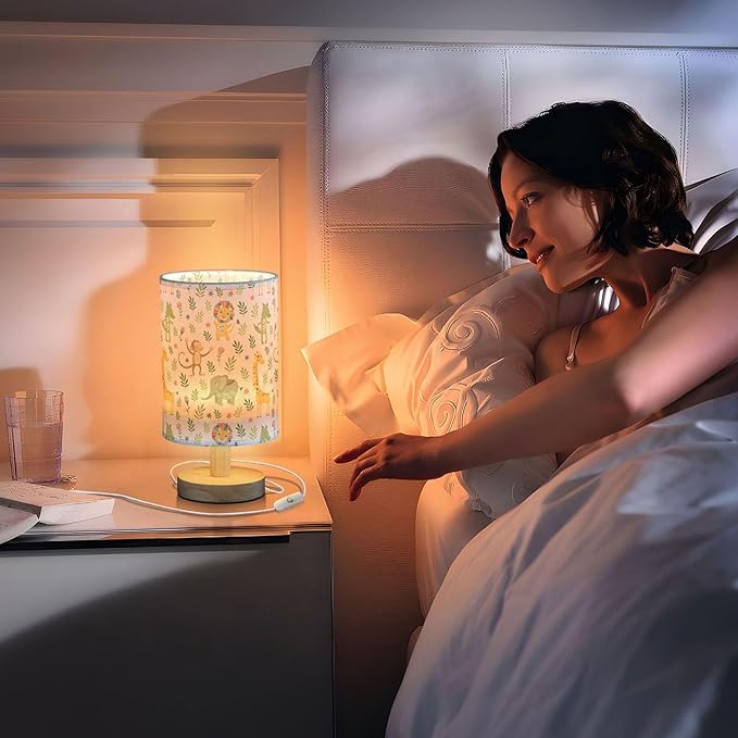 Jungle Animal Pattern Table Lamp with Wood Base and Fabric Shade for Living Room, Bedroom or Kids Room - Bloomnest