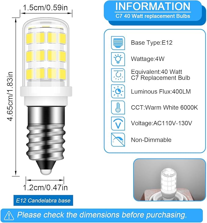 E12 LED Bulb 40w Replacement Type B LED Candelabra Bulbs C7, Daylight White 6000K, E12 4W Fridge Water Dispenser Light Bulb for for Chandeliers Home Lighting Refrigerator/Dryer Drum Light,2 Pack - Bloomnest