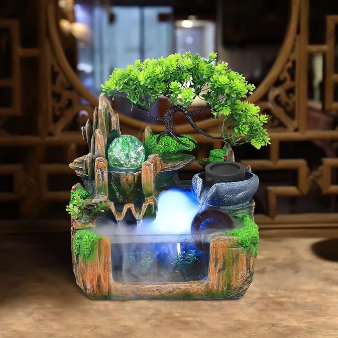 10Inch Bonsai Tree Rock Water Fountains Indoor Tabletop Waterfall Humidifier with LED Light and Atomizer Mist, Desktop Decoration Fake Plants Mini Fish Tank Feng Shui Decor Festival Birthday surprise - Bloomnest