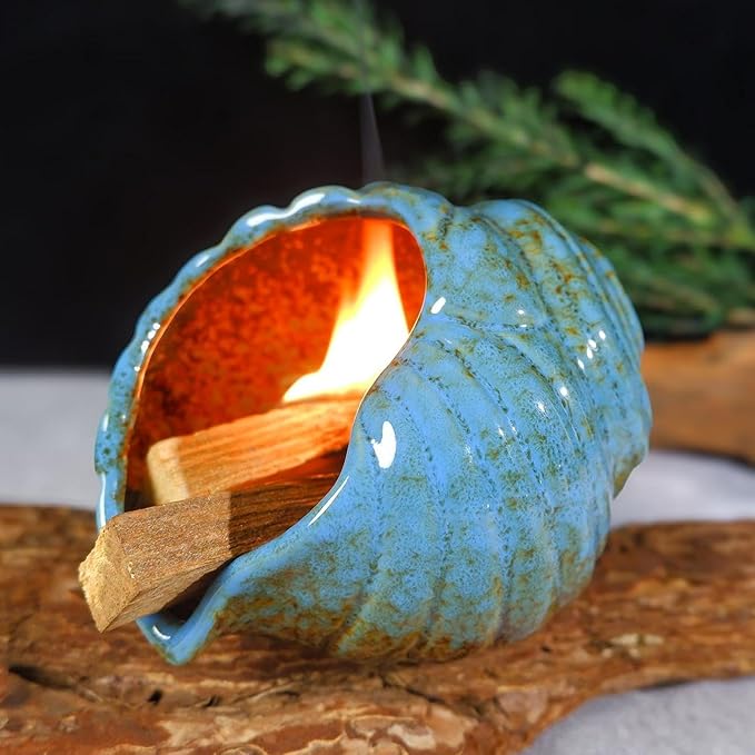 Blue Conch Chiminea Palo Santo Burner - Ceramic Smudging Bowl、Incense Chimney,Works with Sage、Incense Cones,Energy Cleansing-Thoughtful Gifts for Meditation, Altar,Spa,Yoga, Aromatherapy - Bloomnest