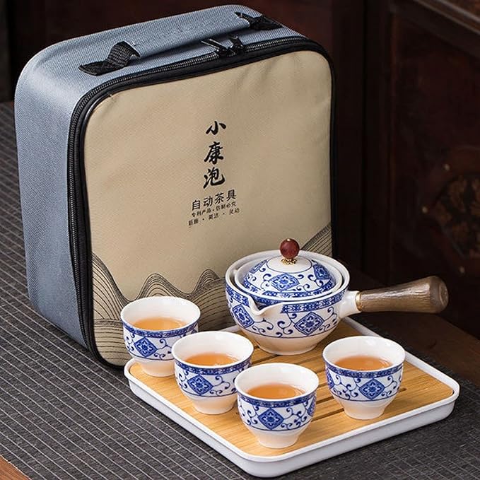 Ceramic Portable Travel Tea Set, Chinese Kungfu Tea Set with 360 Rotation Teapot and Infuser, 4 Tea Cups, Tea Tray And Travel Bag (Pattern White)