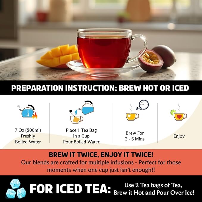 BREWIX, Mango Passion Fruit Herbal Tea Bags – 25 Plant-Based Pyramid Bags | Iced or Hot | Hibiscus, Citrus Peel, Lemongrass | Caffeine-Free & Naturally Uplifting Wellness Brew - Bloomnest