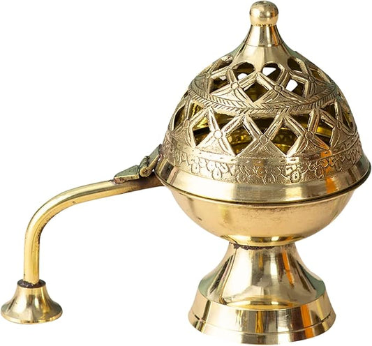 Brass Dhoop Dani with Handle for Puja | Traditional Brass Incense Burner with Dome Lid | Decorative Dhoop Holder for Temple, Home & Spiritual Use | 5 Inch (4 x 4) - Bloomnest