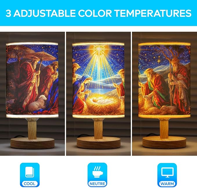 Nativity Scene Table Lamp LED 3-Color Pressed Bedside for Merry Christmas, Nativity Scene Shade Christmas Table Lamp with Wood Base for Bedroom Living Room Desk Office - Bloomnest