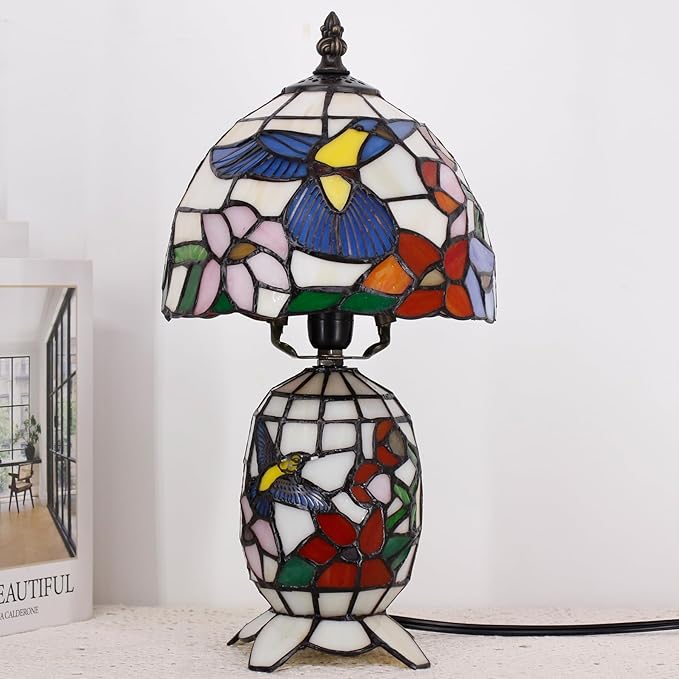 Small Tiffany Lamp Stained Glass Table Lamp Mini Mother Daughter Vase Desk Accent Light for Bedroom Bedside Reading Home Antique Style Decor 8X14 Inches (Hummingbird) - Bloomnest