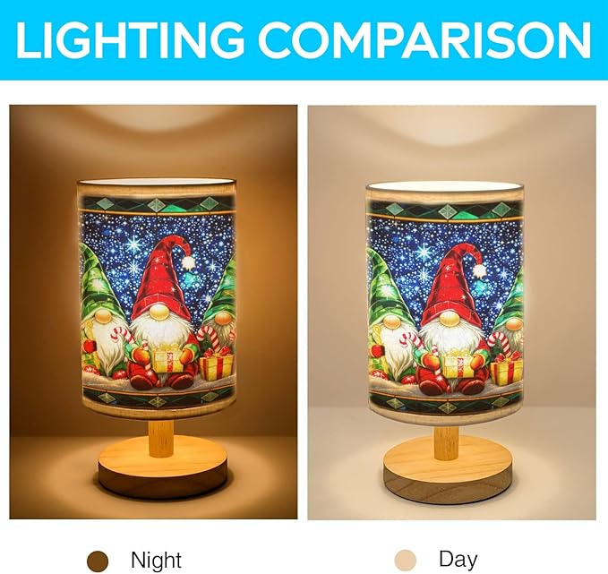 Christmas Gnomes Table Lamp LED 3-Color Pressed Bedside for Merry Christmas, Christmas Gnomes Shade Christmas Table Lamp with Wood Base for Bedroom Living Room Desk Office - Bloomnest