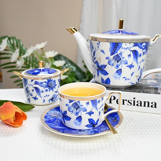 Bone China Tea Set for Adults, Blue and White Porcelain Tea Sets, Bone China Tea Cup Set With Teapot Creamer Pitcher Sugar Bowl and Teaspoons, Vintage Tea Sets for Women Tea Part - Bloomnest