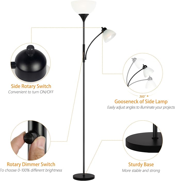 Floor Lamp, Dimmable Standing lamp, Stepless Dimming Brightness, Included 9W and 5W LED Bulbs, Industrial Floor Lamp for Living Room, Bedroom, Office, Reading - Bloomnest