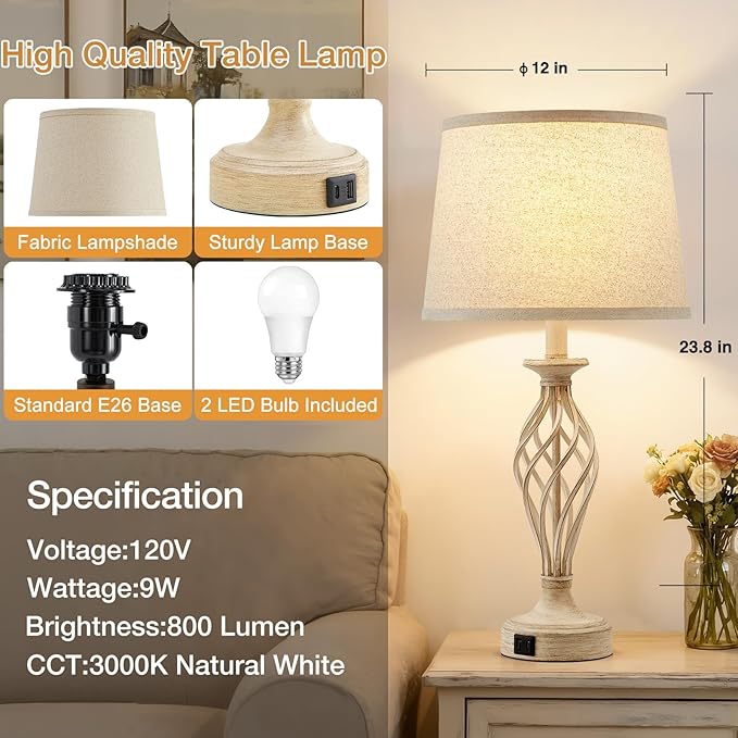 Bedside Table Lamp for Bedroom Set of 2 - Beige Nightstand Lamps with USB C+A Ports,Rustic Distressed Farmhouse Bedroom Lamp - Lamp for Living Room Reading Bed Side End Table Bulbs Included - Bloomnest