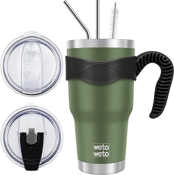 WETOWETO 30oz Stainless Steel Tumbler, Insulated Coffee Tumbler Cup with 2 Lids and 2 Straws, Double Walled Travel Coffee Mug for Hot & Cold Drinks (Army Green, 1 Pack)
