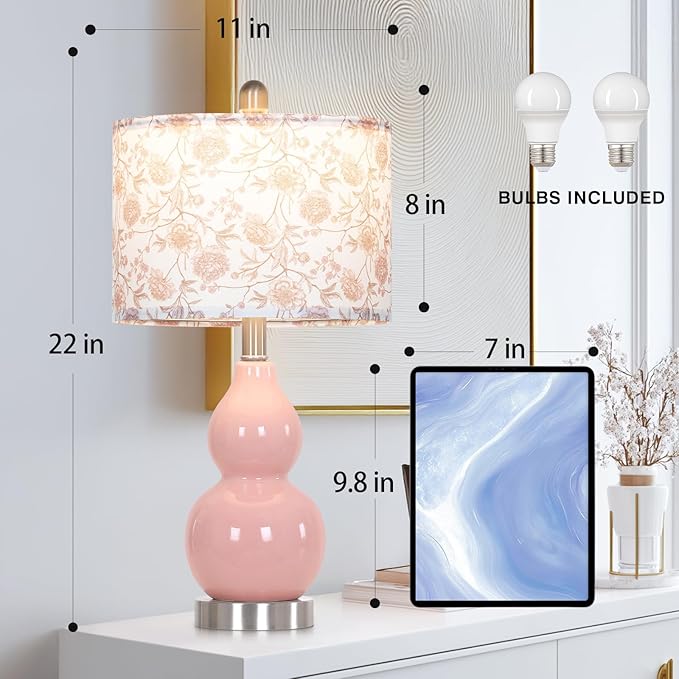 Pink Double Gourd Ceramic Lamps Set of 2 with Flower Lampshade, Modern Table Lamps for Living Room, Contemporary Nightstand Bedside Lamp for Bedrooms End Tables Office Dorm Decor(2 LED Bulbs Included) - Bloomnest