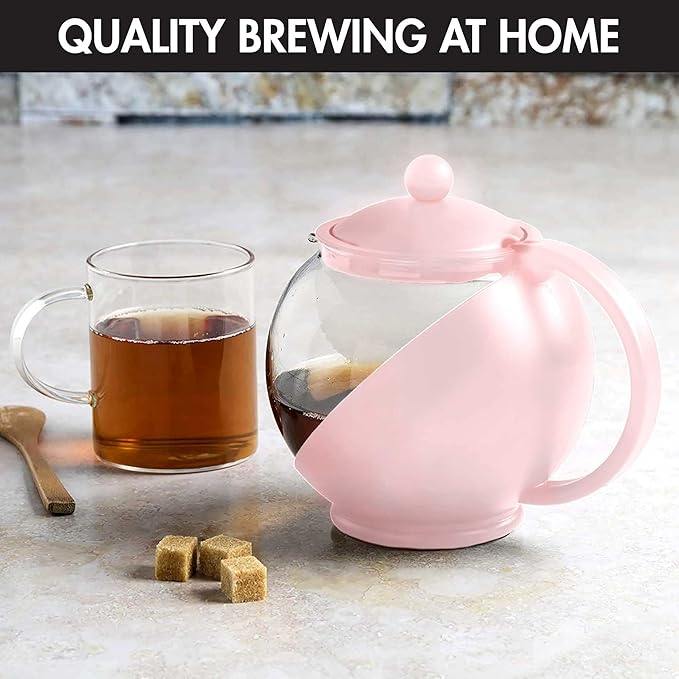 Primula Half Moon Teapot with Removable Infuser, Glass Tea Maker with Reusable Fine Mesh Stainless Steel Filter, Dishwasher Safe, 40-Ounce, Pink