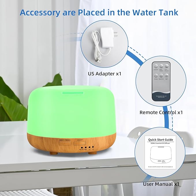 Aromatherapy Essential Oil Home Diffuser with Remote Control, 300ML Large Room Cool Mist Air Humidifier, 8 Hours Quiet Operation, Timer, 7 Colors LED Night Night，Suitable Home,Yoga. - Bloomnest