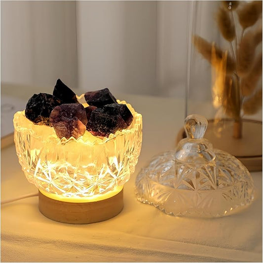 Himalayan Salt Lamp Night Light, Aromatic Diffuser Stone with Wood Base & Lid, LED USB Salt Lamp for Office, Bedroom, Bathroom, Gift for Relaxation & Sleep (Purple) - Bloomnest