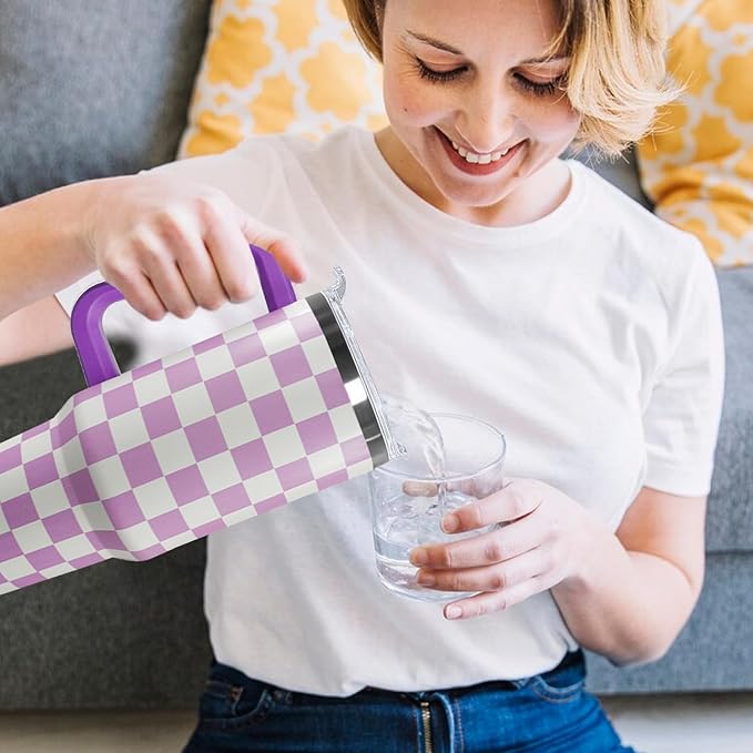 Ceovfoi 40 Oz Checkered Tumbler with Handle Lid and Straw, Purple Checkered Tumbler Water Bottle Travel Coffee Cup Mug,Checkered Gifts for Women - Bloomnest