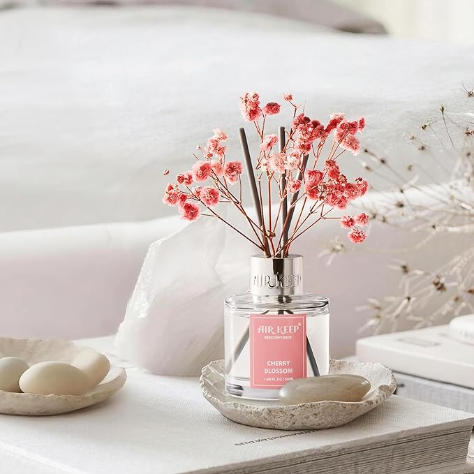 Airkeep Reed Diffuser Set,1.69 fl oz (50 ml) - Cherry Blossom Oil Diffusers with 8 Reed Sticks,Home Fragrance Reed Diffuser for Bathroom Shelf Decor - Bloomnest