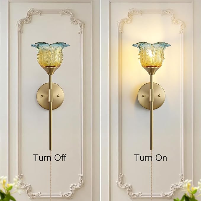 2 Pack Plug in Gold Wall Sconce with Modern Flower Glass Shades, Modern Mid Century Bathroom Vanity Wall Light Fixtures, Industrial Brushed Brass Wall Lamp, for Bedroom Mirror Living Room - Bloomnest