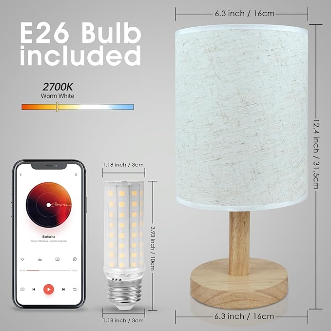 6.3in Bedside Table Lamp for Bedroom, Minimalist Nightstand Lamp with Round Fabric Linen Shade,Study Reading Desk Lamp for Kids Room, Night Table Lamp for Living Room, College Dorm, Home, Office - Bloomnest