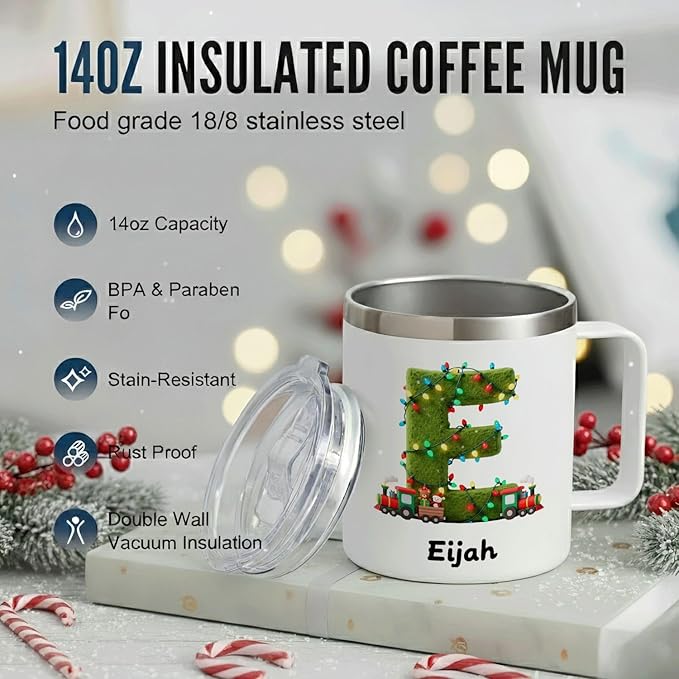 Personalized Kids Christmas Mug with Name, 12oz Insulated Tumbler with Handle, Custom Train Initial Cup, Holiday Xmas Gift for Boys, Son, Toddler Stocking Stuffer(B05) - Bloomnest