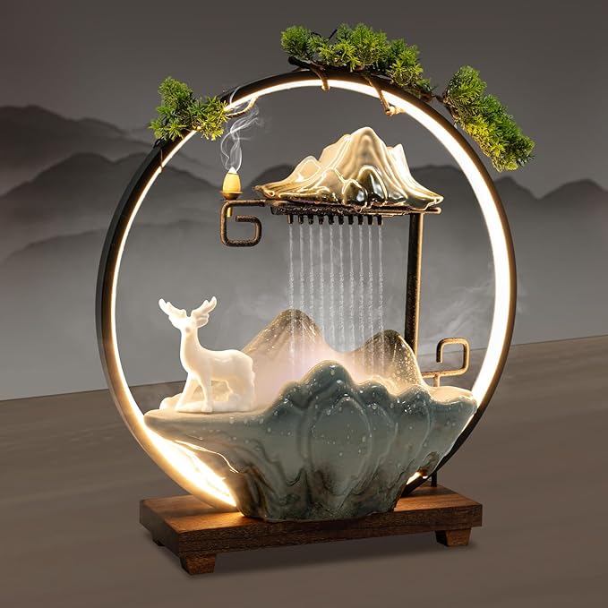 17In Water Fountains Indoor Tabletop Water Fall Humidifier W/LED Light & Atomizer Mist, Zen Decor Meditation Japanese Decor Fake Plants Feng Shui Decor Festival Birthday Gift Good Luck Wealth - Bloomnest