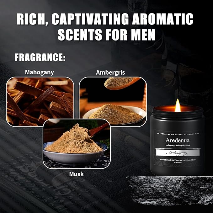 Mahogany Candle, Manly Scented Candles for Home, Masculine Candle Gifts for Men - 7oz Soy Candles for Home Scented, 50 Hours Burn Time, Perfect for Relaxing Home Fragrance - Bloomnest