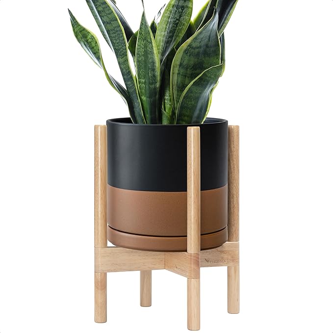 D'vine Dev Ceramic Planter with Natural Stand - 10 Inch Modern Round Flower Pot with Wood Planter Holder, Black/Speckled Tan, 55-B-K-7 - Bloomnest