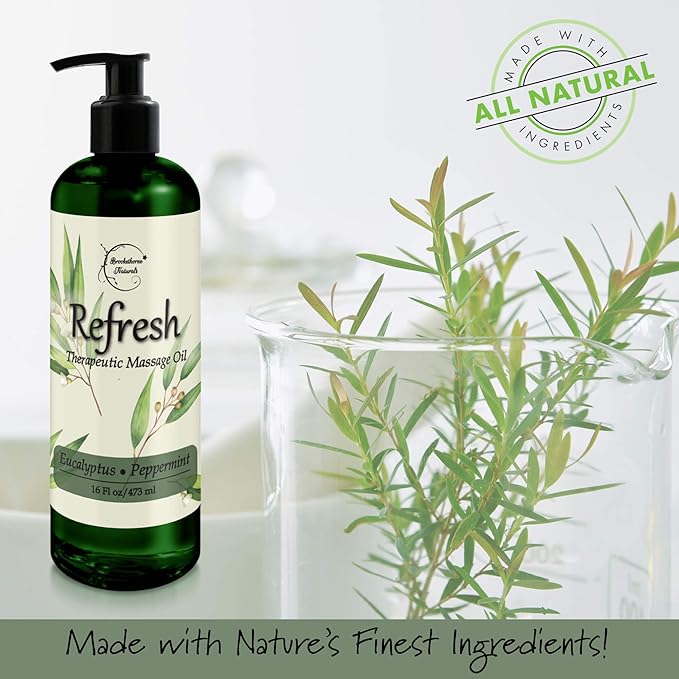 Refresh Massage Oil for Massage Therapy with Eucalyptus & Peppermint Essential Oils - All Natural, Great for Sore Muscles. Ideal for Full Body Relaxation – Nut Free Formula 16oz - Bloomnest