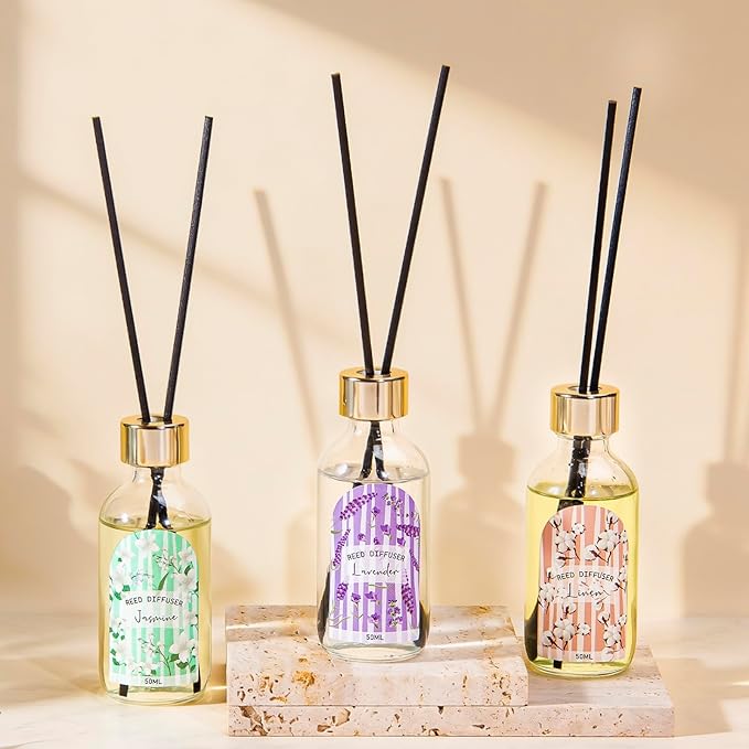 Reed Diffuser Set of 3 - Linen Lavender Jasmine Oil Diffuser with 15 Sticks, Reed Diffusers for Home Bathroom Shelf Air Freshener, 1.7 Fl. Oz Each, Total 5.1 Fl. Oz - Bloomnest