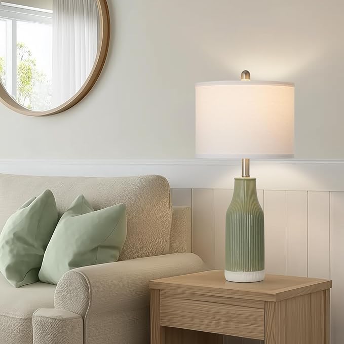 24.5" Ceramic Table Lamps Set of 2, Modern Farmhouse Bedside Lamps for Bedroom Nightstand, Small Light Green Lamp for Living Room End Table (2 LED Bulbs Included) - Bloomnest