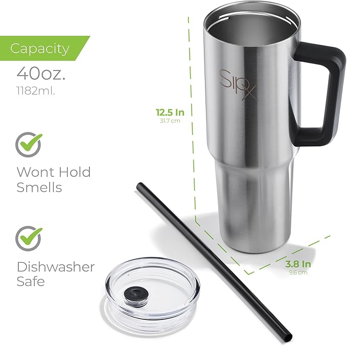 SIPX™ Insulated Tumbler With Lid And Straw, Tumbler With Handle Keeps Cold 12 Hours, Water Bottle Thermos With Lid, BPA-Free Reusable Insulated Coffee Tumblers, (Stainless, 40oz.)