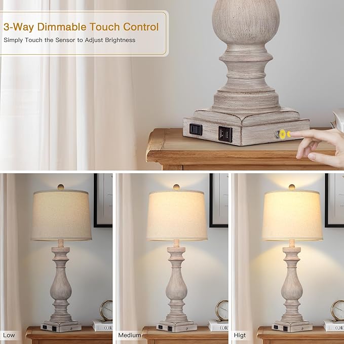 27.5" Farmhouse Table Lamp for Living Room,Vintage Bedside Lamp with USB C+A Ports & AC Outlet,3-Way Dimmable Touch Control Gray Washed Finish Nightstand for Bedroom, Single Gray - Bloomnest