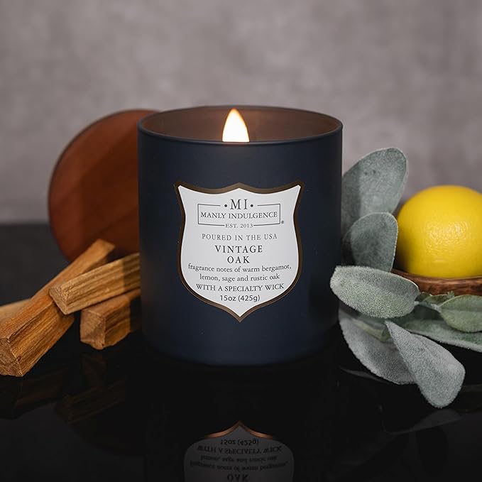 Manly Indulgence Vintage Oak Scented Candles for Men, 15 oz Wooden Wick, Premium Soy Blend Wax, 60H Burn, Candles for Home Scented - Made in The USA - Bloomnest