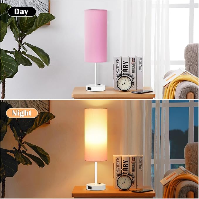 ZJOJO Table Lamp for Bedroom 2 Pack,18in Bedside Lamps with 3 Way Dimmable Rocker Switch & AC Outlet,Nightstand Desk Lamp with Pink Fabric Shade White Base for Living Room Home Decor Lights - Bloomnest