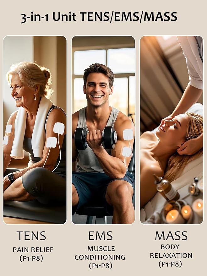 24 Modes TENS Unit Muscle Stimulator with 8 Electrode Pads, Professional 3-in-1 Electronic Pulse Massager with 2-150Hz Rate, 40 Levels, 90mins Timer, EMS TENS Machine for Pain Relief Therapy BHKTENS