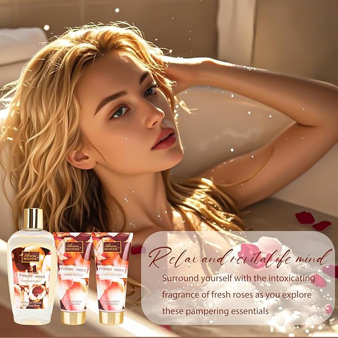 Fresh Rose Spa Gift Set for Women, 8-Piece Relaxing Bath Set with Shower Gel, Bubble Bath, Body Lotion, Self Care Gift for Any Occasion, Birthday Gifts for Women, Spa Kit for Mom Gifts - Bloomnest
