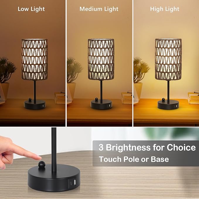 Gray Bedside Lamps Set of 2, Touch Control Night Stand Lamp for Bedroom with Rattan & Linen Shade & Bulbs, 3 Way Dimmable Small Boho Table Lamps with USB Charging Port & Phone Stand - Bloomnest