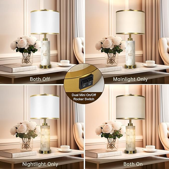27" Natural Alabaster Table Lamps Set of 2, Lamps for Living Room Bedroom,Bedside Lamps with Night Light,Nightstand Lamp with USB A+C Ports,Modern Table Lamp with Linen Shade (Bulbs Included) - Bloomnest