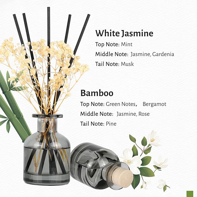 Brakula 2 Pack Reed Diffuser, White Jasmine + Bamboo (3.38 fl oz Each Pack), Home Fragrance with 12 Sticks, Shelf Decor, Reed diffusers for Home