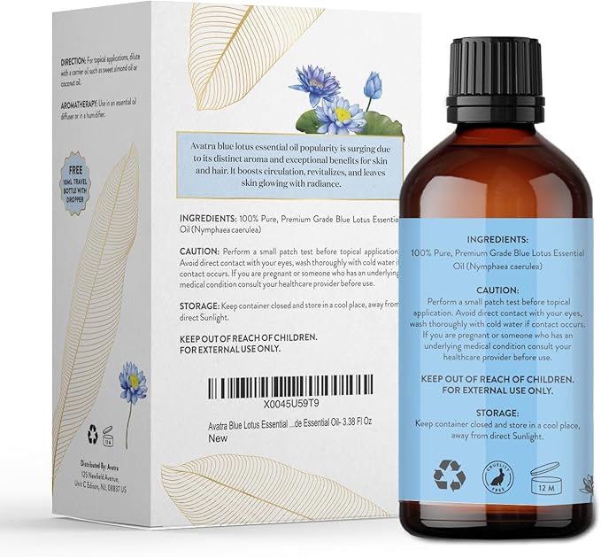 Avatra Blue Lotus Essential Oil for Diffuser, Skin & Candles | Natural & Undiluted Essential Oil | Aromatherapy, Soaps, Candles | Therapeutic Grade Essential Oil- 3.38 Fl Oz - Bloomnest