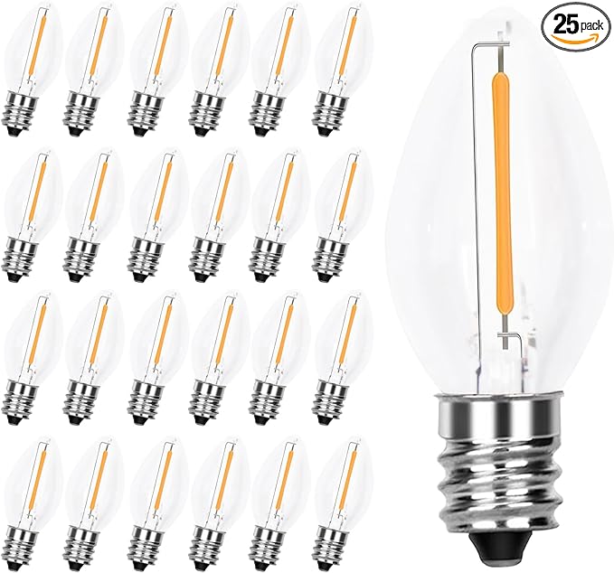 25 Pack C7 LED Replacement Christmas Light Bulb, Shatterproof LED Bulbs for Christmas Outdoor Indoor String Lights, E12 Candelabra Base, 0.6 Watt, Saving Enengy LED Bulbs, Warm White - Bloomnest