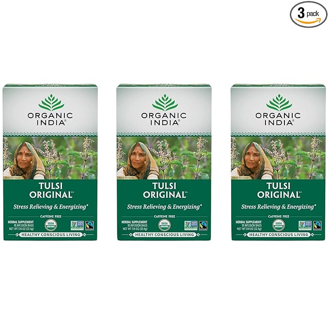 ORGANIC INDIA Tulsi Original Herbal Tea - Holy Basil and African Basil Calming and Stress Relief Tea, Immune Support, USDA Certified Organic, Non-GMO, Caffeine-Free - 18 Infusion Bags, 3 Pack - Bloomnest